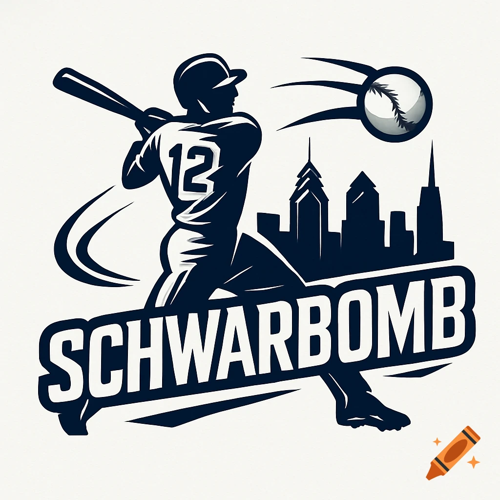 SCHWARBOMB logo featuring a silhouette of a left-handed baseball player swinging a bat with a flying baseball and a city skyline in the background.
