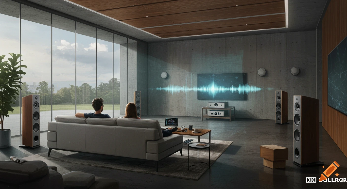 A couple sits on a sofa in a modern, spacious home theater room with multiple speakers and a TV displaying sound waves.