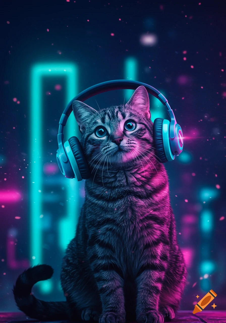 A tabby cat with glowing blue headphones sits against a neon cityscape background with pink and blue lights.
