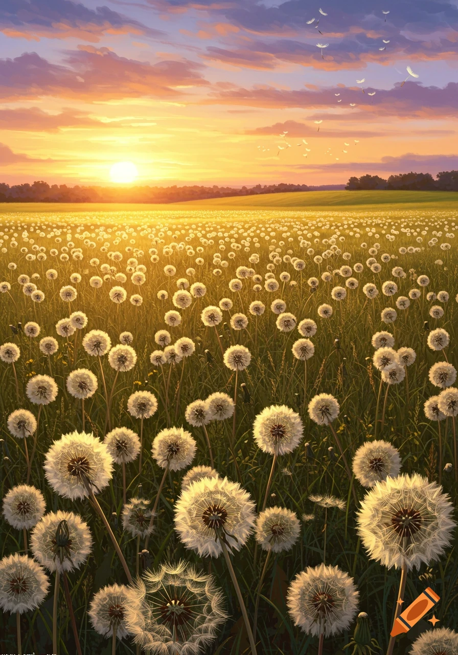 A vibrant field of dandelions glowing golden under a warm sunset sky with dandelion seeds floating in the air.