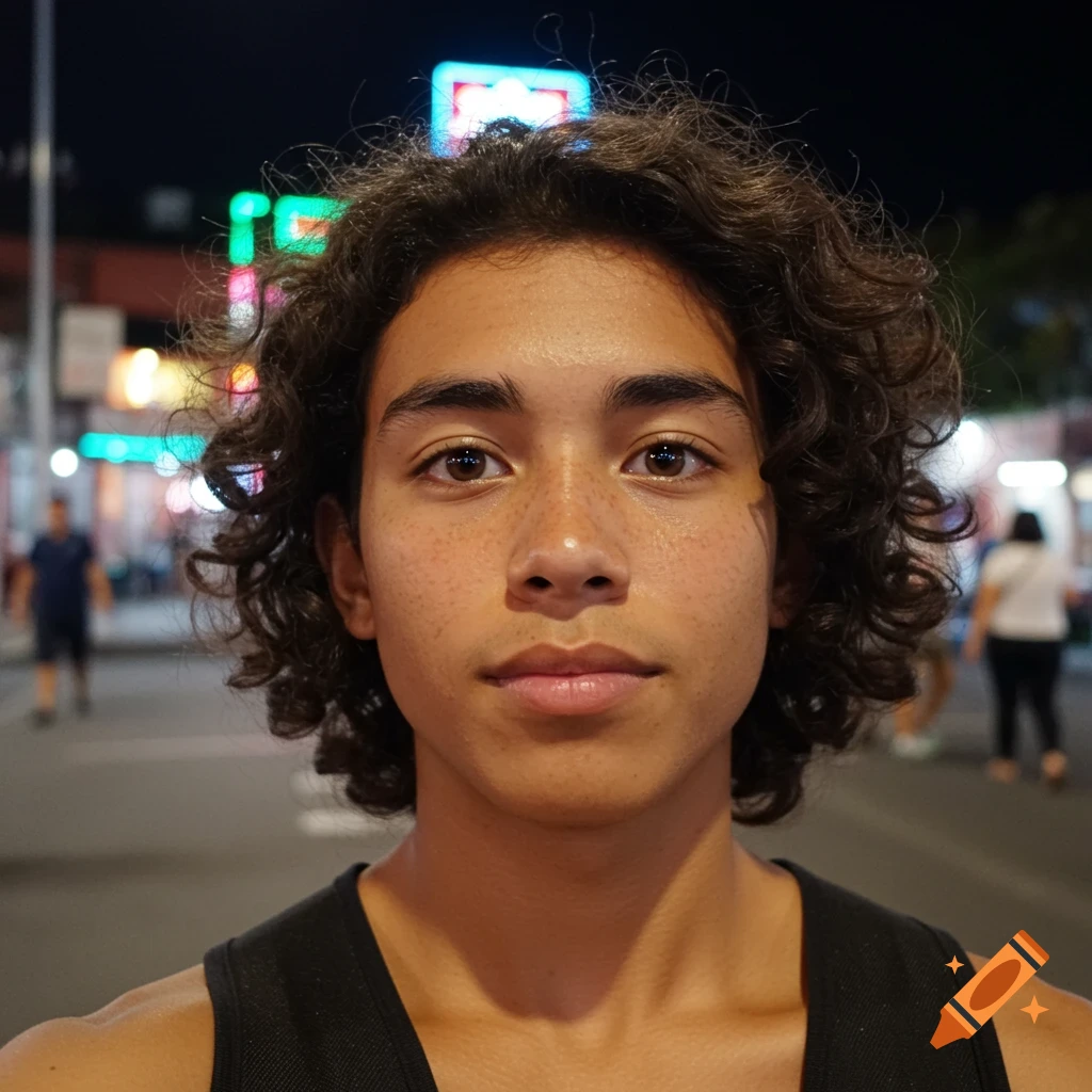 A young person with curly dark hair and freckles stands on a city street at night with blurred neon lights and figures in the background.