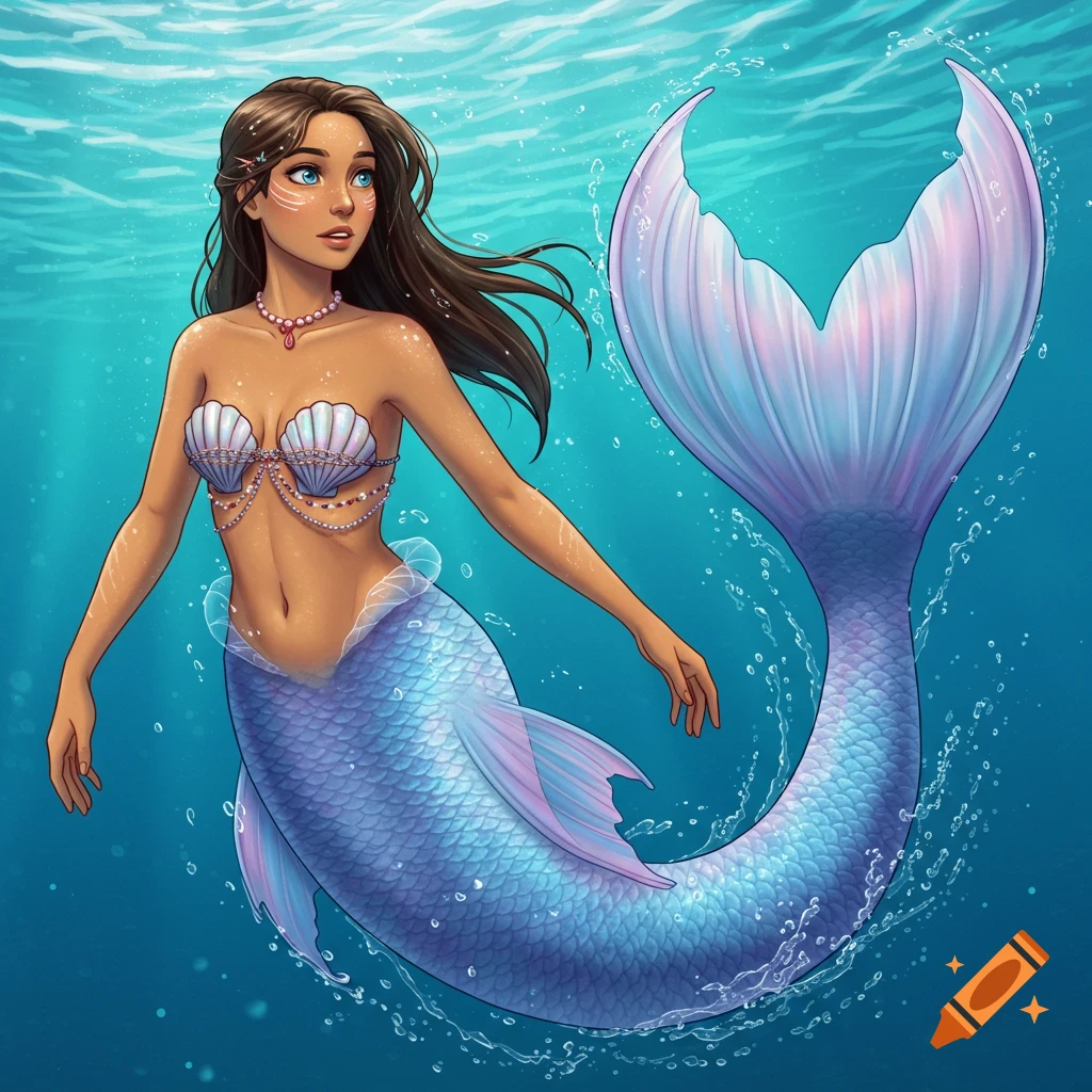 An illustrated mermaid with brown hair, shell top, and a blue and purple tail swims underwater.