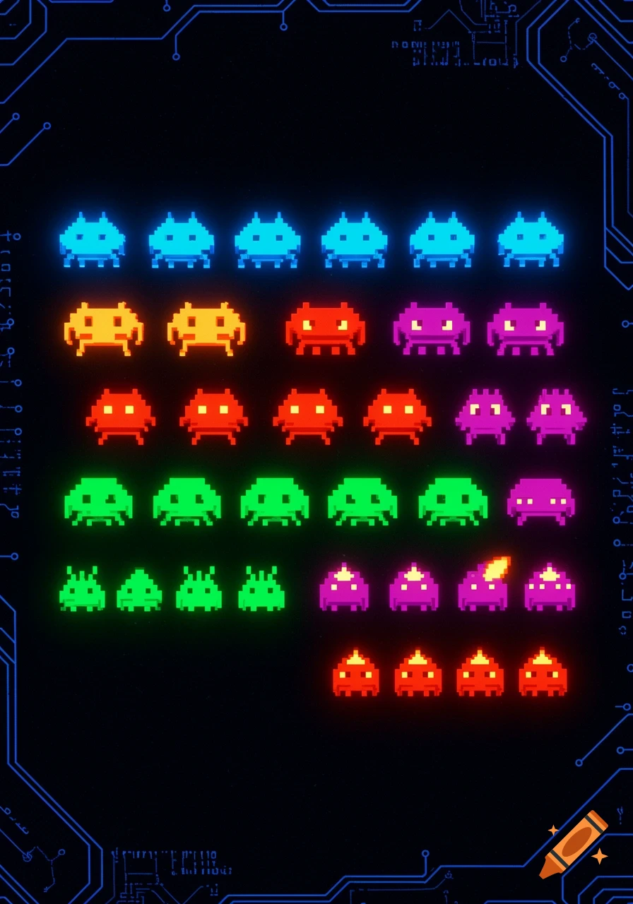 A colorful sprite sheet of neon pixelated Space Invaders aliens and a  shooting object against a dark background with blue circuit board lines. on  Craiyon, image size:896x1280