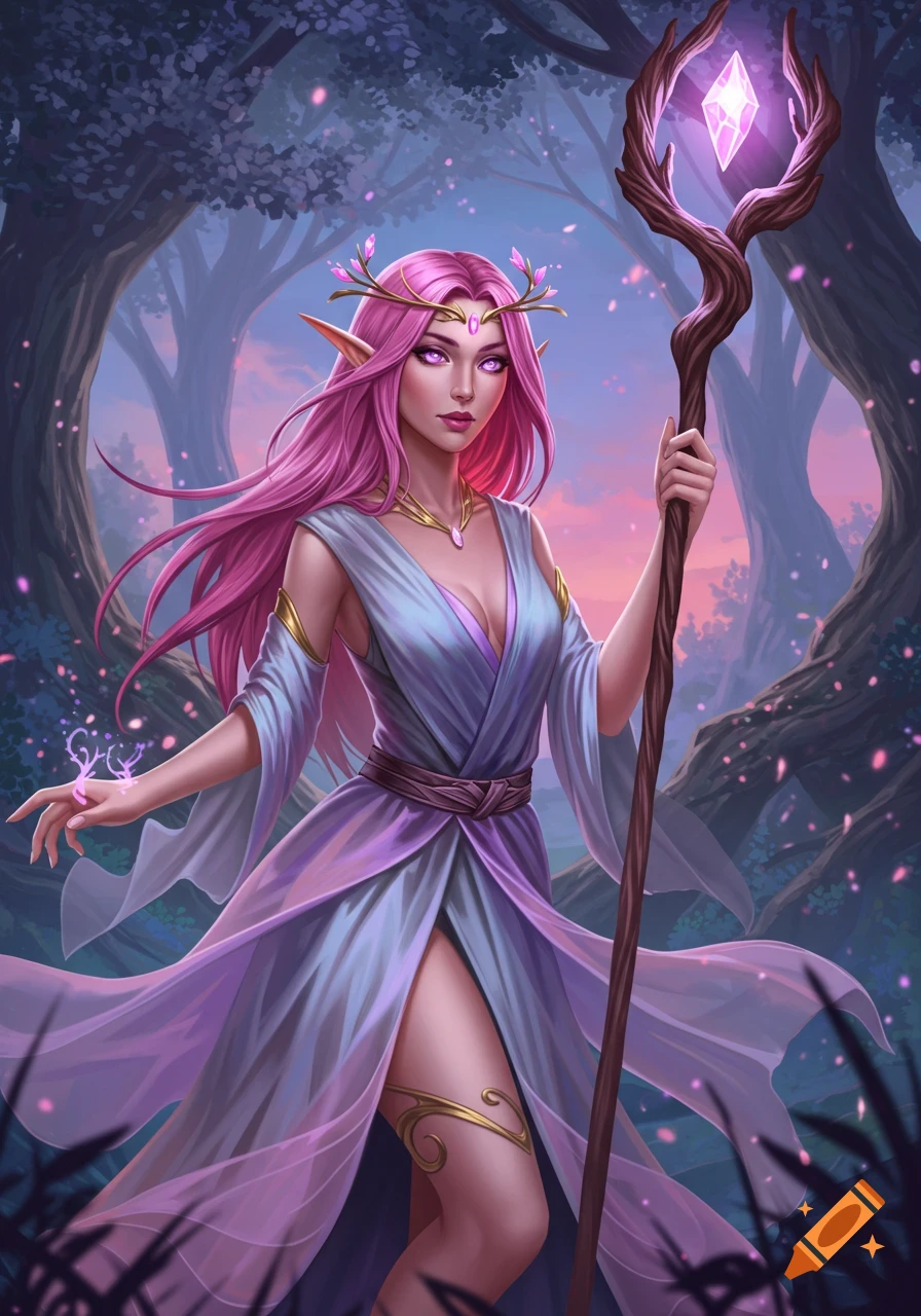 A beautiful female elf healer with long pink hair and purple eyes, wearing a flowing dress and holding a glowing staff in a magical forest.