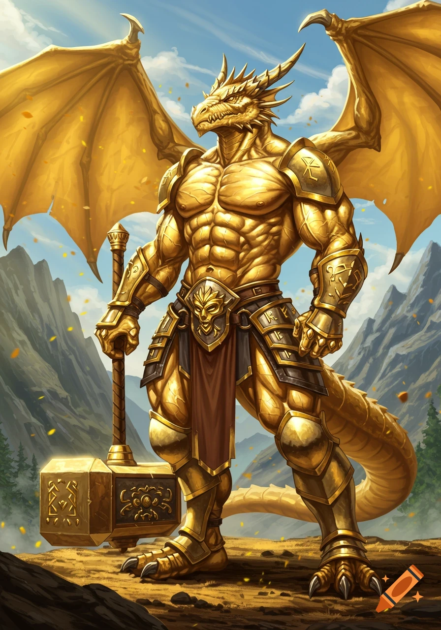 A muscular golden dragon-humanoid warrior in ornate armor holds a large golden hammer in a mountainous fantasy landscape.