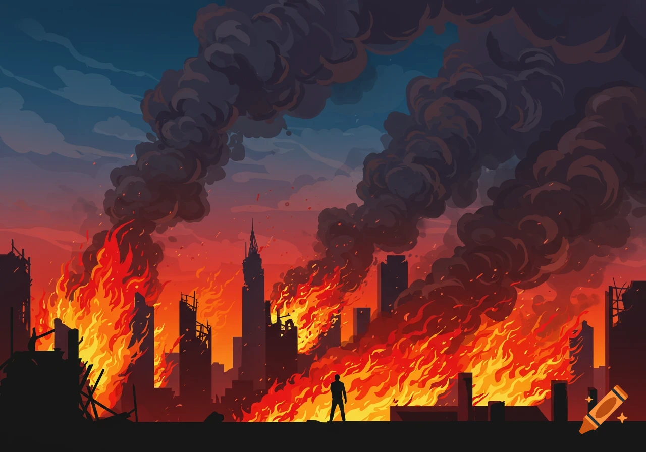 Vector illustration of a city skyline engulfed in massive fires and dark smoke, with a lone figure standing amidst the ruins under a red and blue sky.