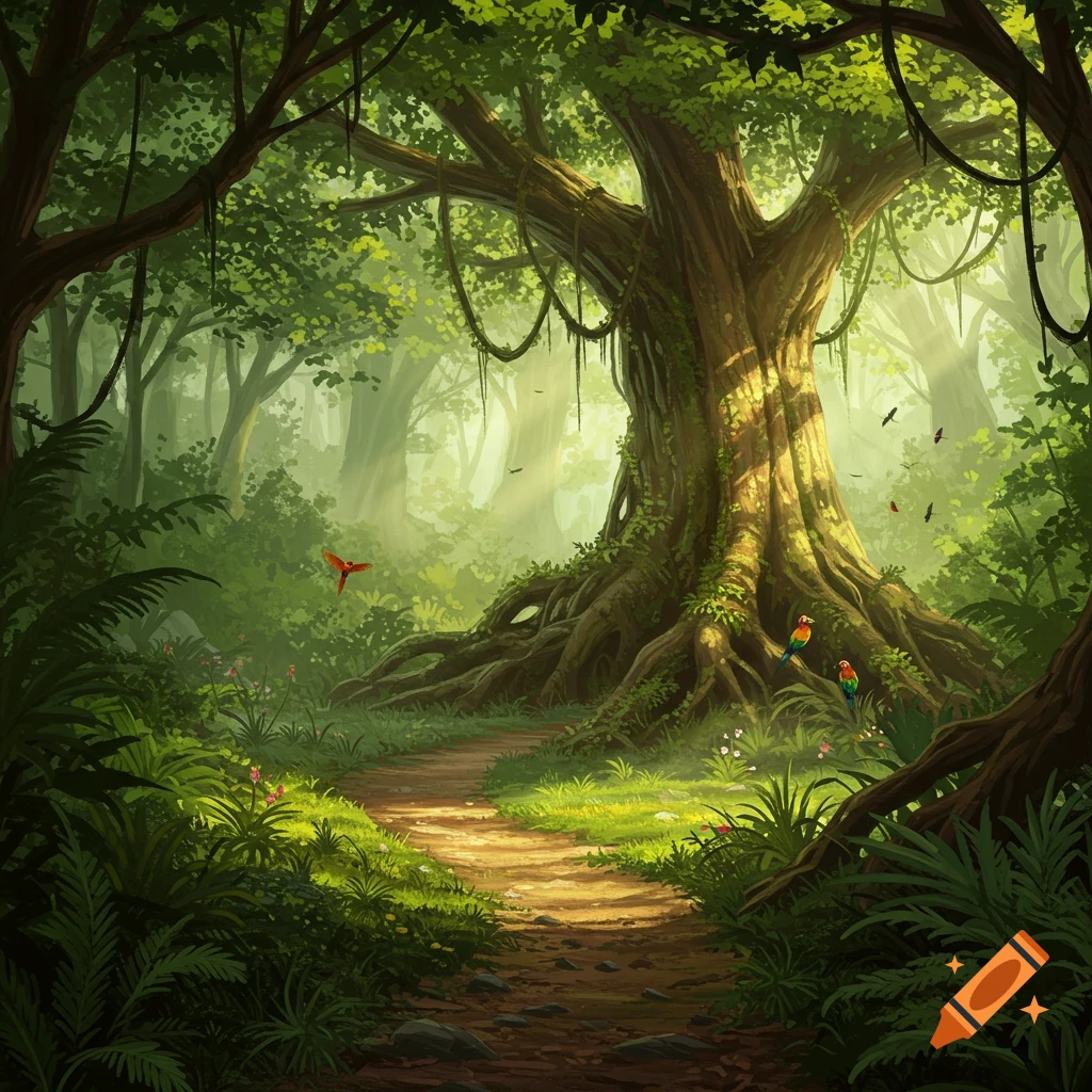 A sunlit jungle path winding through lush green foliage towards a massive, ancient tree with sprawling roots. Colorful birds fly and perch amidst the vibrant forest.