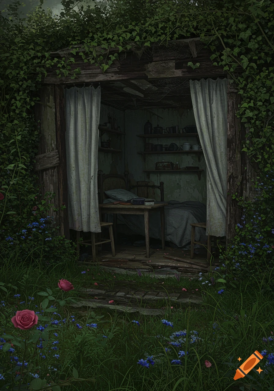 An old, dark hut overgrown with vines, revealing a bed, table, and shelves inside. Roses and blue wildflowers are in the foreground.