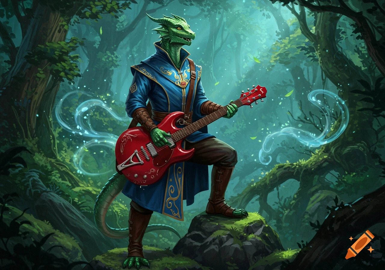 A green dragon-like creature in blue robes plays a red guitar in a magical forest with glowing blue wisps.