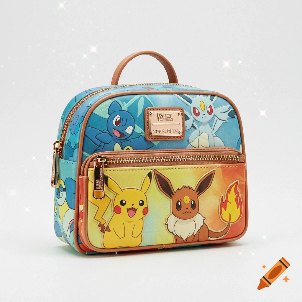 A vibrant Loungefly-style mini backpack featuring Pikachu, Eevee, Squirtle, and other Pokmon characters.