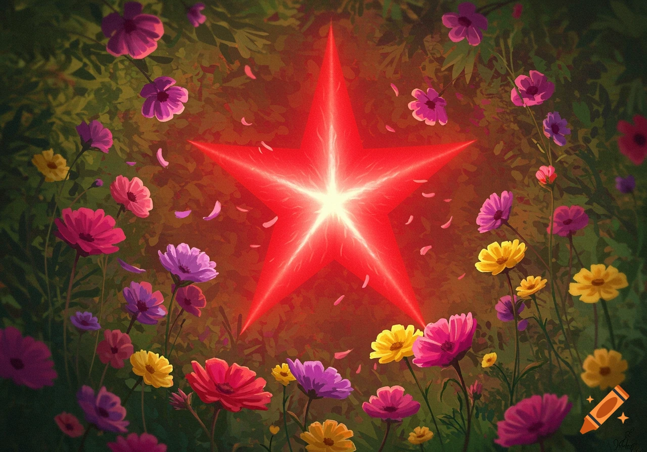 A vibrant, glowing red star surrounded by colorful pink, purple, and yellow flowers in a lush green environment, stylized illustration.