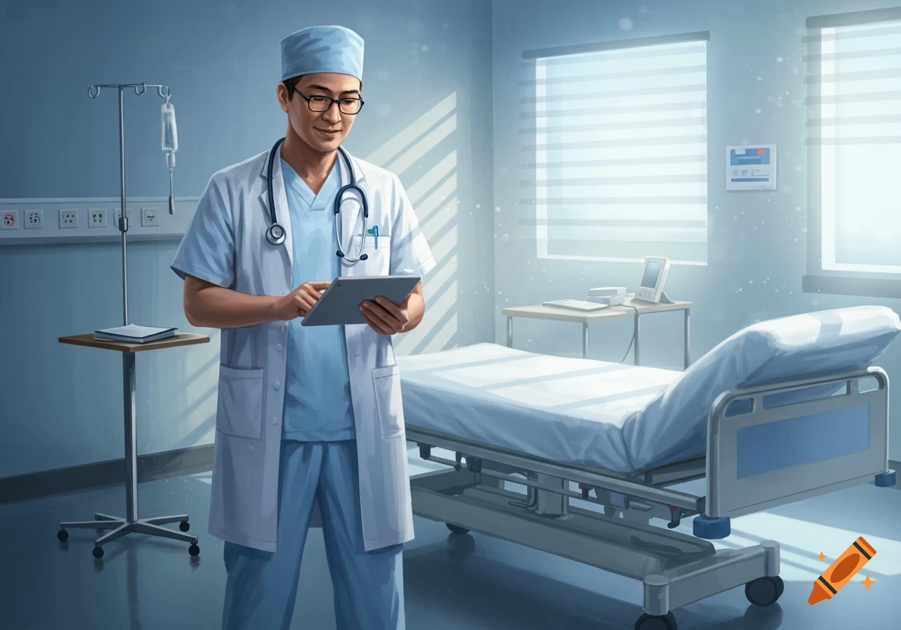 A male doctor in a white lab coat and blue scrubs stands in a hospital room, looking at a tablet.