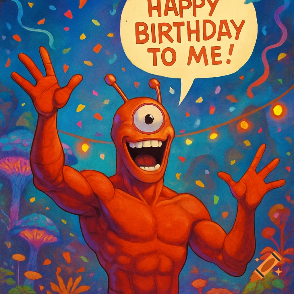 A muscular, red, one-eyed alien with antennae joyfully celebrates amidst confetti and lights, with a speech bubble saying 'Happy Birthday to Me!'