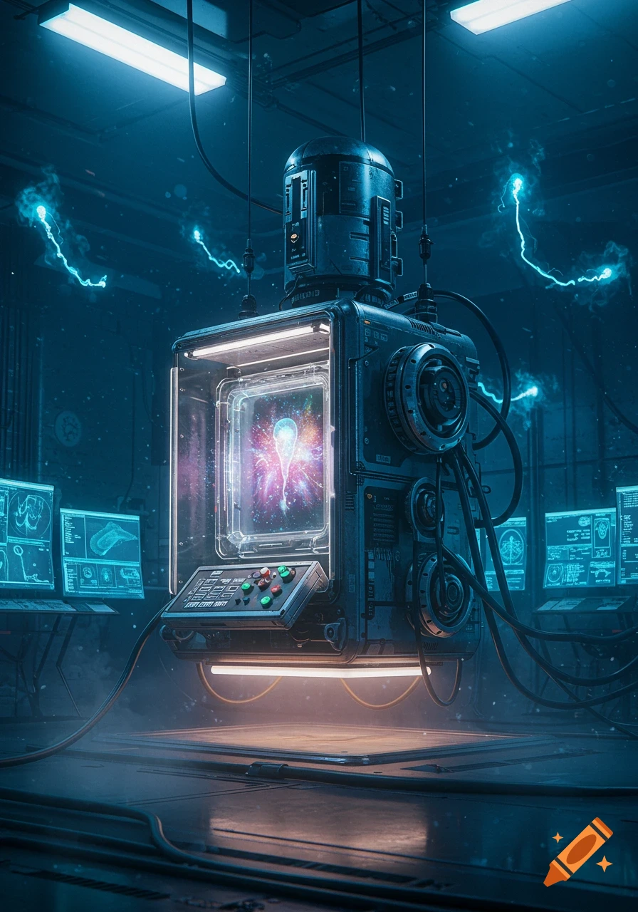 A futuristic robot dream machine in a dark sci-fi lab, displaying a glowing, ethereal entity in a clear container.