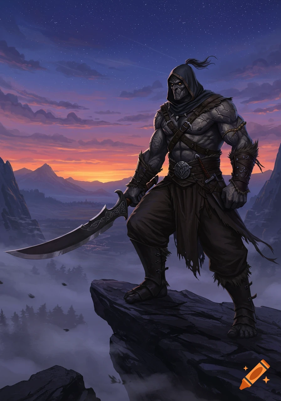 A muscular goliath rogue in dark attire with a scimitar stands on a rocky peak overlooking a mountain range at sunset, digital art.