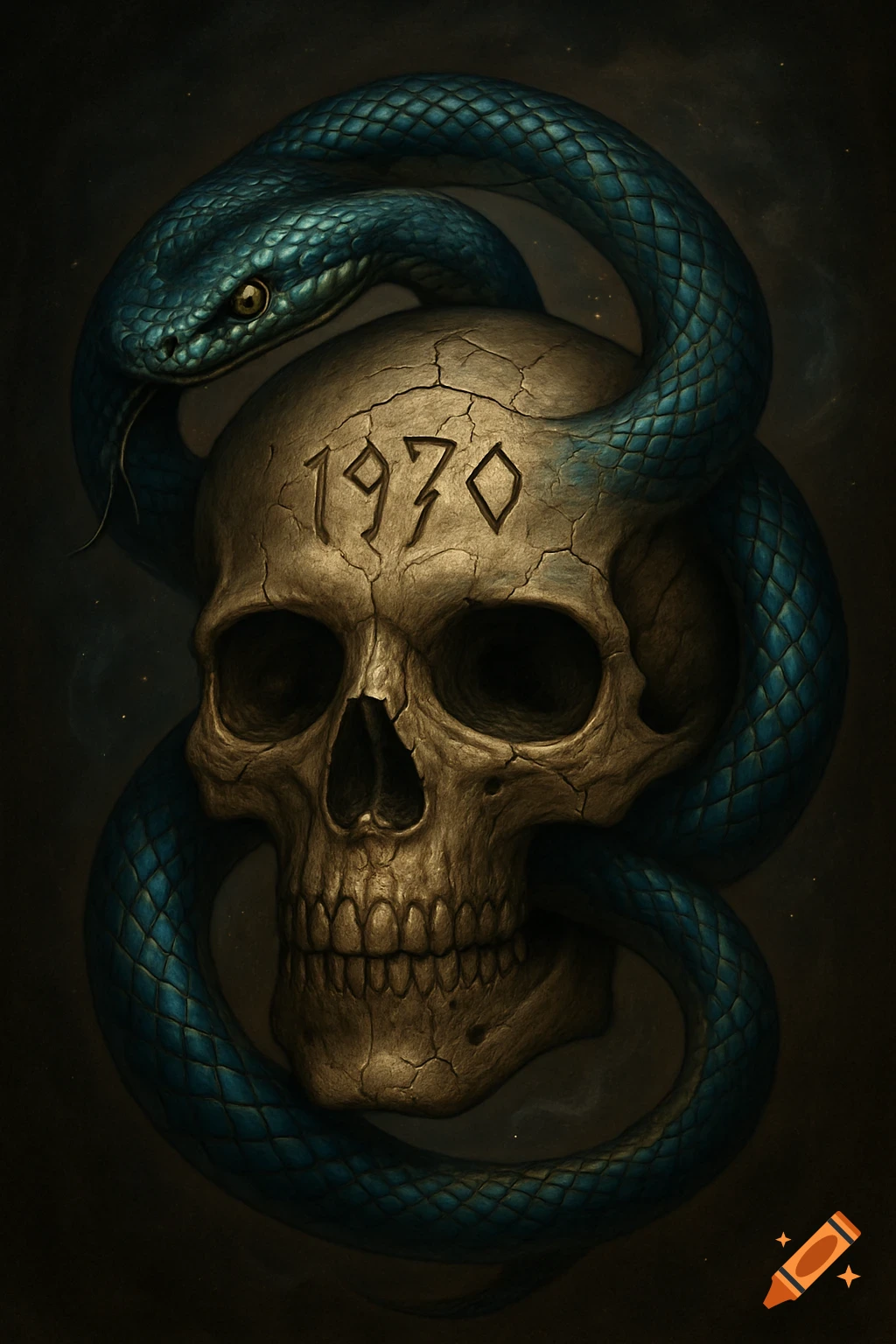 A detailed skull with '1970' carved on its forehead, encircled by a textured teal snake against a dark background.