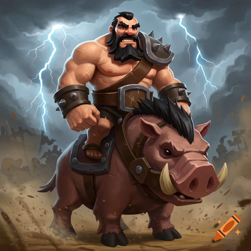 A muscular man with a beard, wearing armor, rides a fierce boar under a stormy sky with lightning.