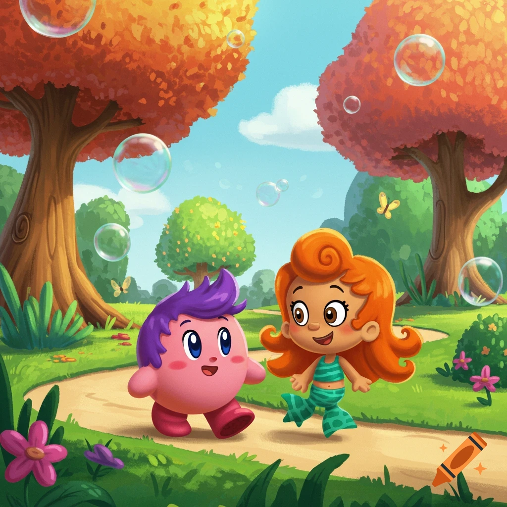 Kirby and Oona from Bubble Guppies walk hand-in-hand down a path in a colorful, cartoon-style park with trees and bubbles.
