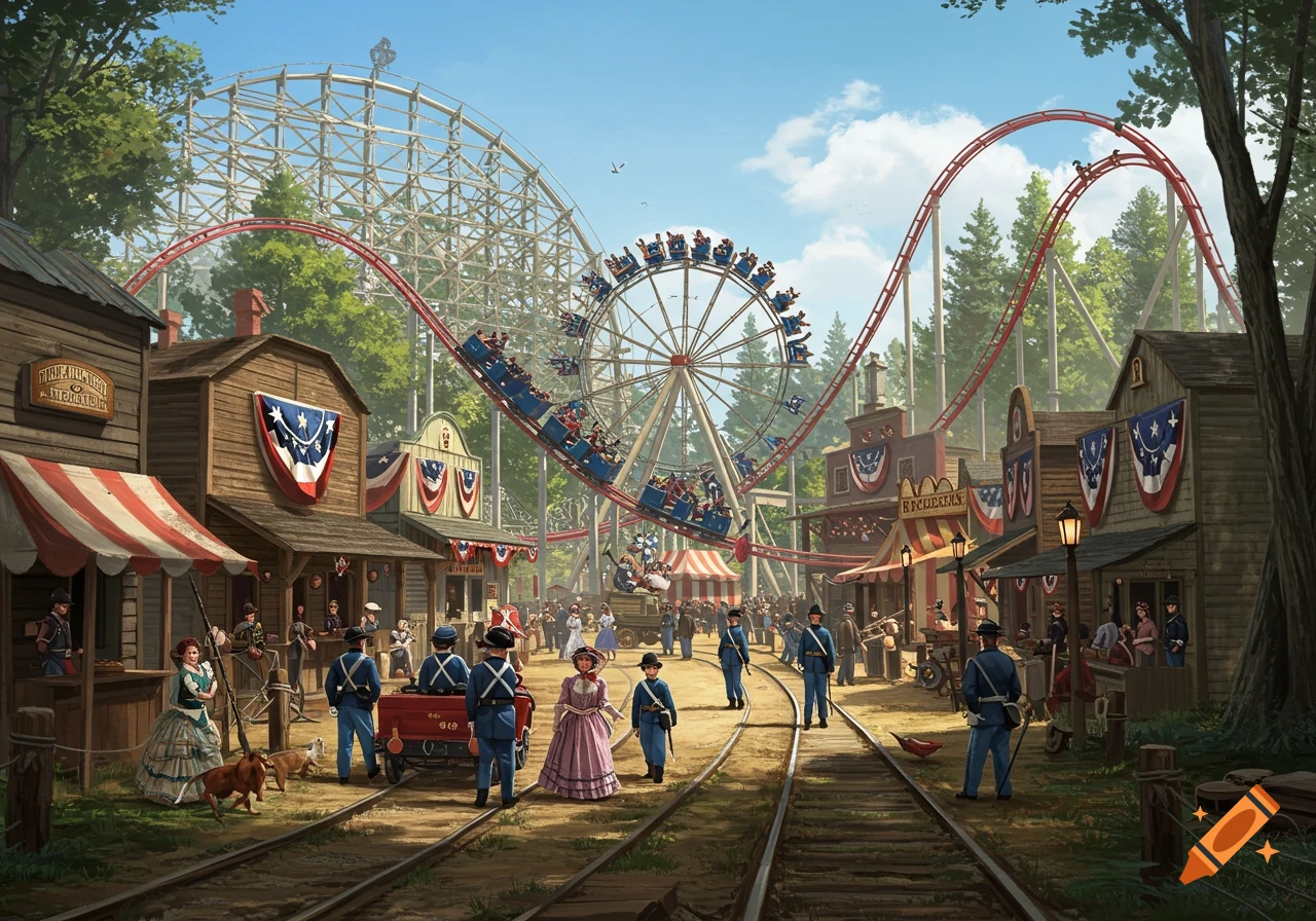 A Civil War-themed amusement park with a wooden roller coaster, a large Ferris wheel, and period-dressed people walking through a town with shops decorated with flags.
