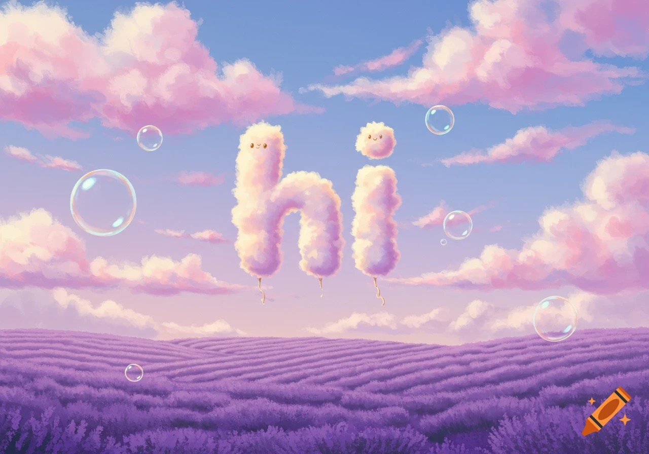 Whimsical illustration of cloud letters spelling 'hi' with faces, floating over a purple lavender field under a pink and purple sky with bubbles.