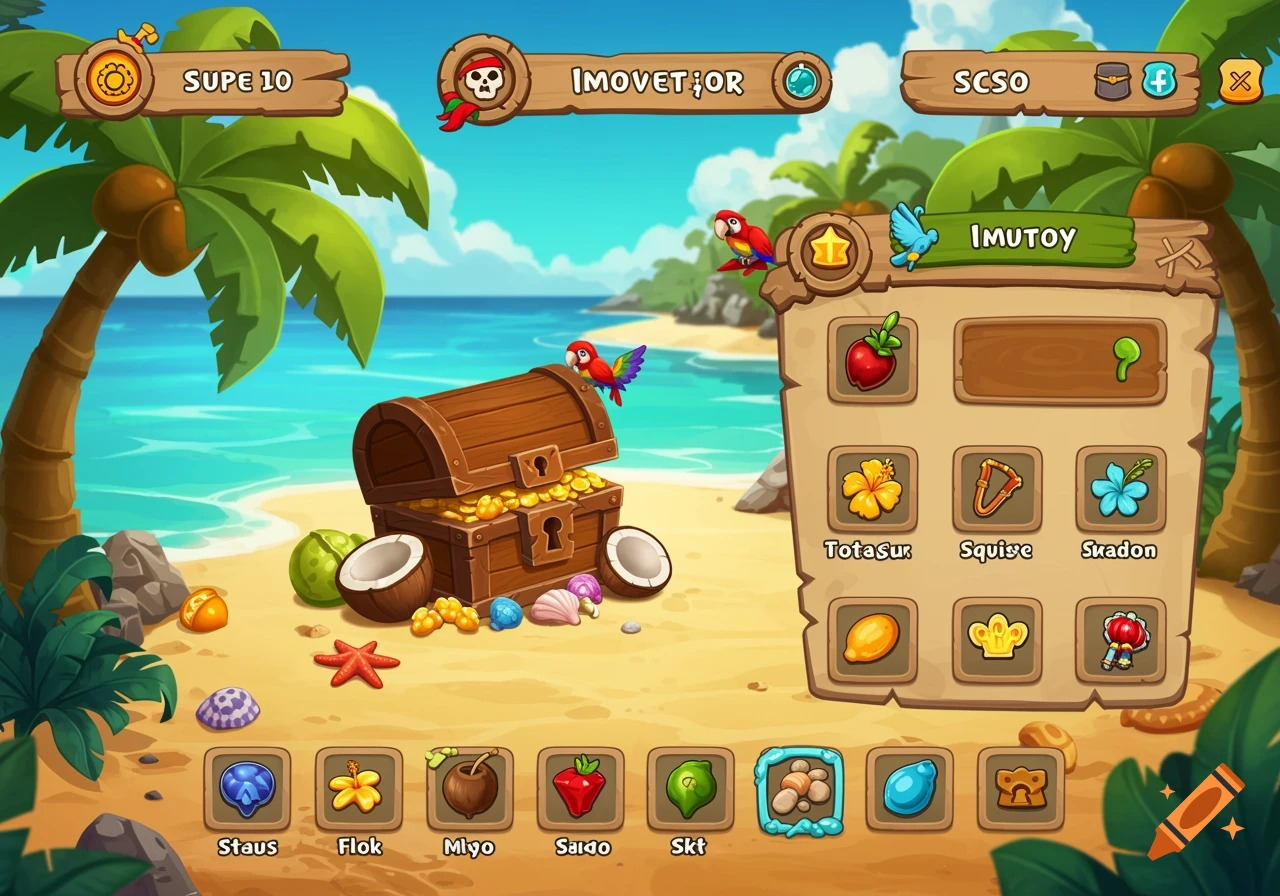 A colorful cartoon game UI for an inventory set on a tropical beach with a treasure chest, palm trees, and parrots.