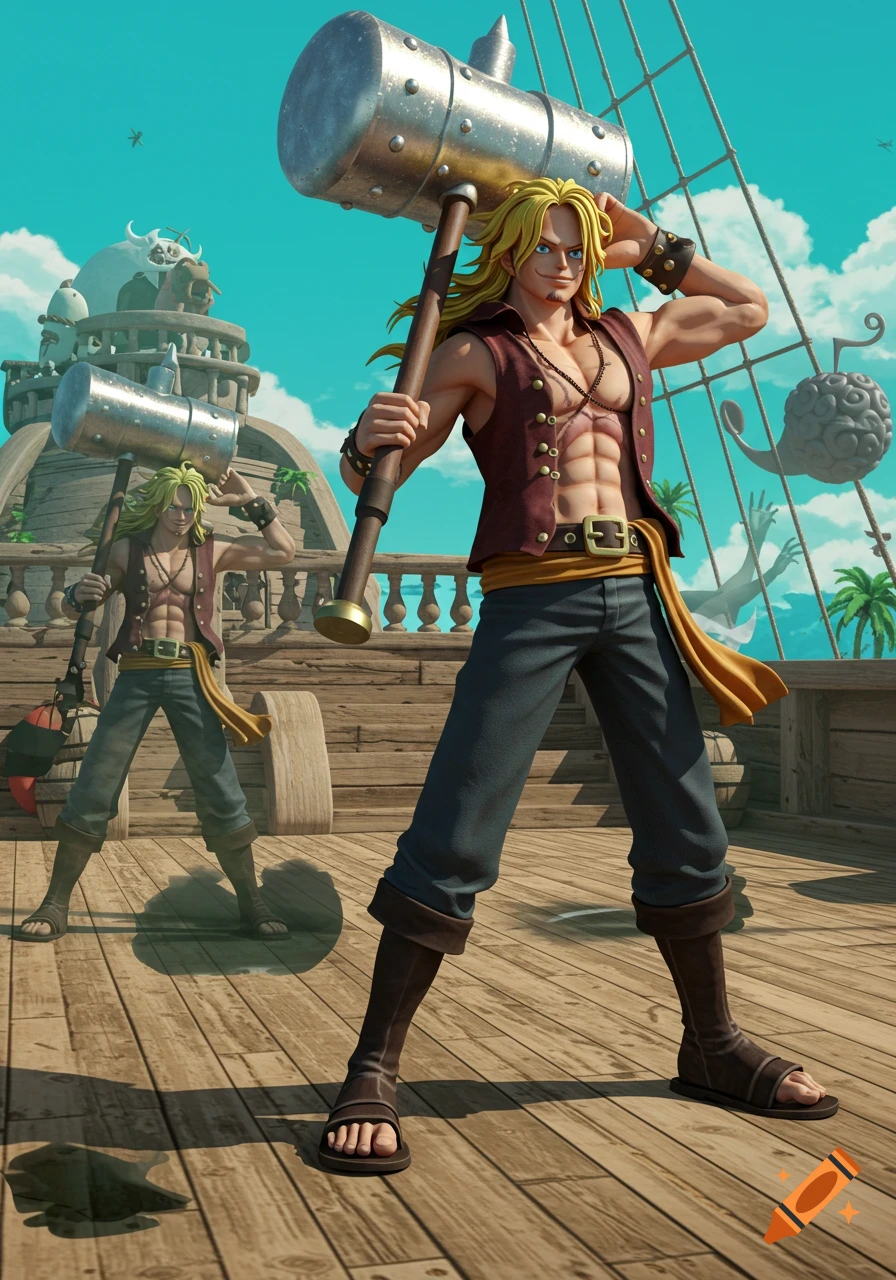 A 3D-rendered blonde male pirate with a large warhammer on a ship, with a reflection of himself behind him.