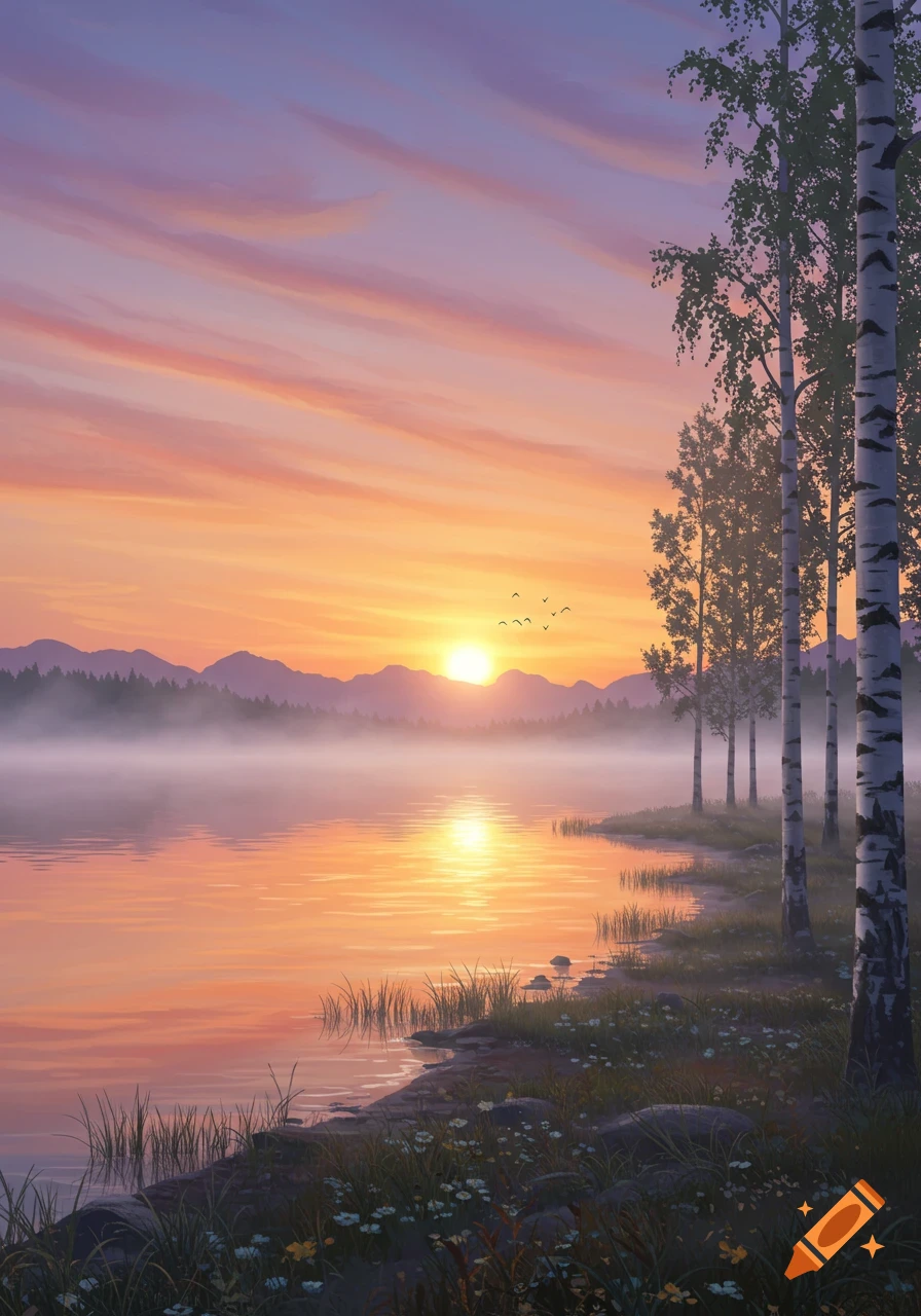 A serene landscape painting of a lake at sunrise with mist, mountains in the distance, and birch trees on the shore.