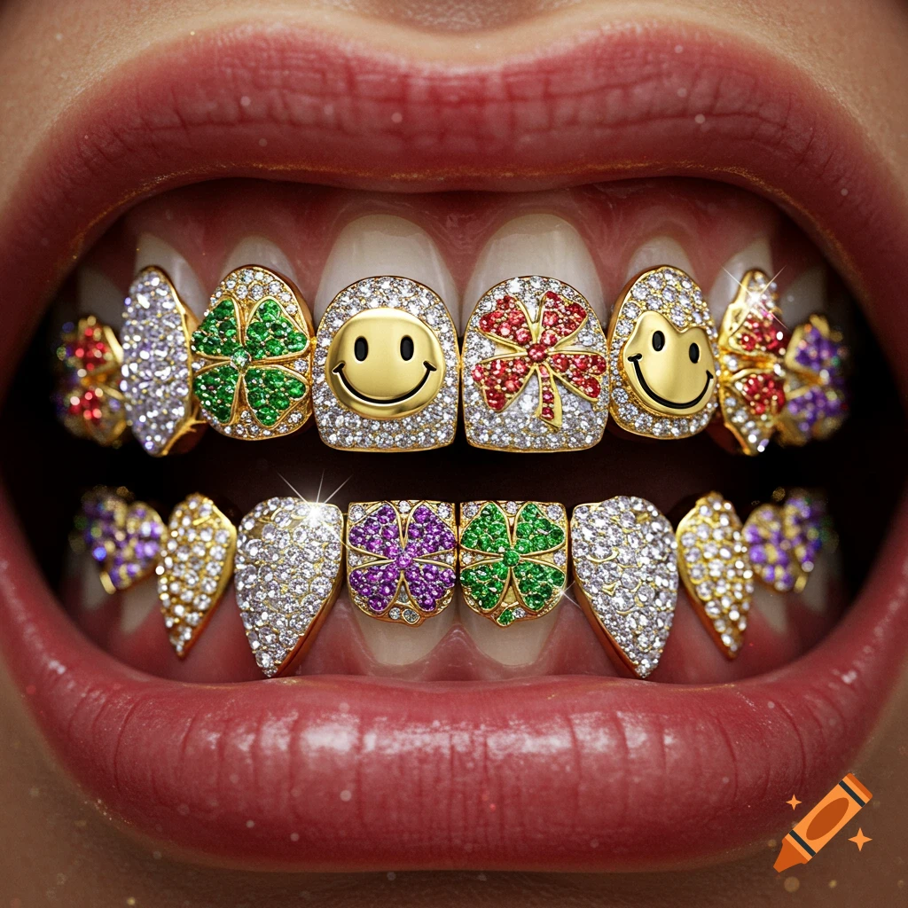 Close-up of an open mouth displaying ornate gold and diamond grills featuring clovers, smiley faces, and colorful gems.