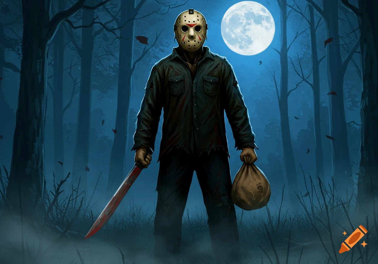 Animated Jason Voorhees stands in a misty forest under a full moon, holding a bloody machete and a bag of money.