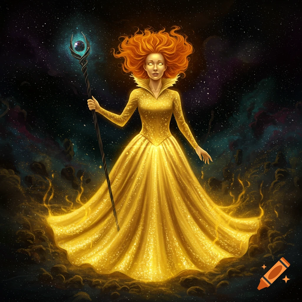 A powerful sorceress with fiery red hair and glowing eyes wears a shimmering golden gown, holding a staff with an orb, against a cosmic, starry background.