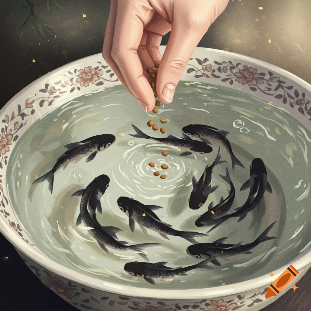 A hand drops pellets of food into a decorative bowl of water where several black fish are swimming, in an illustrated style.