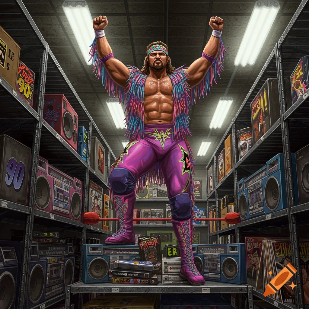 A muscular 90s wrestler with long hair and a colorful fringed vest stands triumphantly on a shelf in a storage room filled with retro boomboxes and boxes.