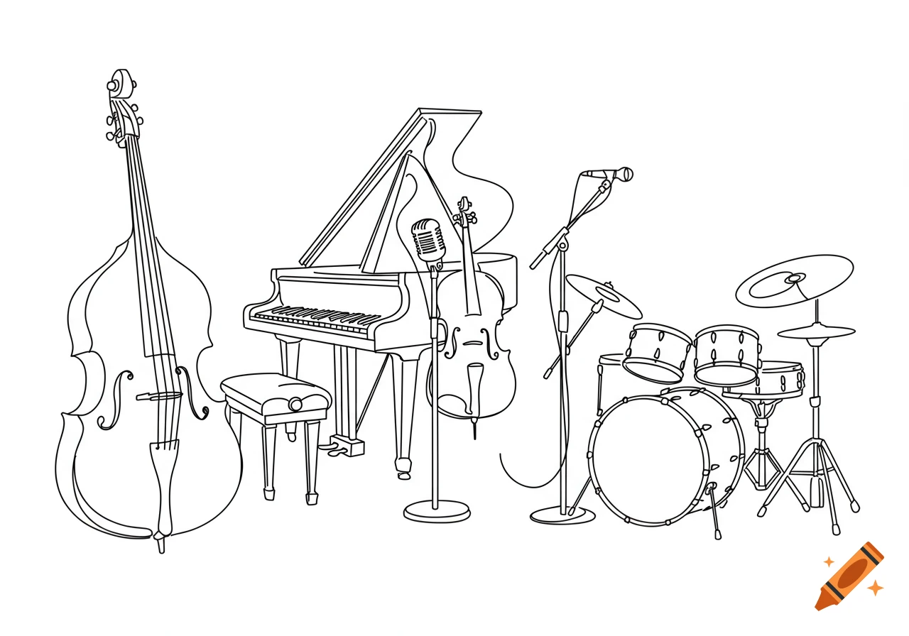 Line art drawing of a standup bass, grand piano, cello, microphone, and drum set.