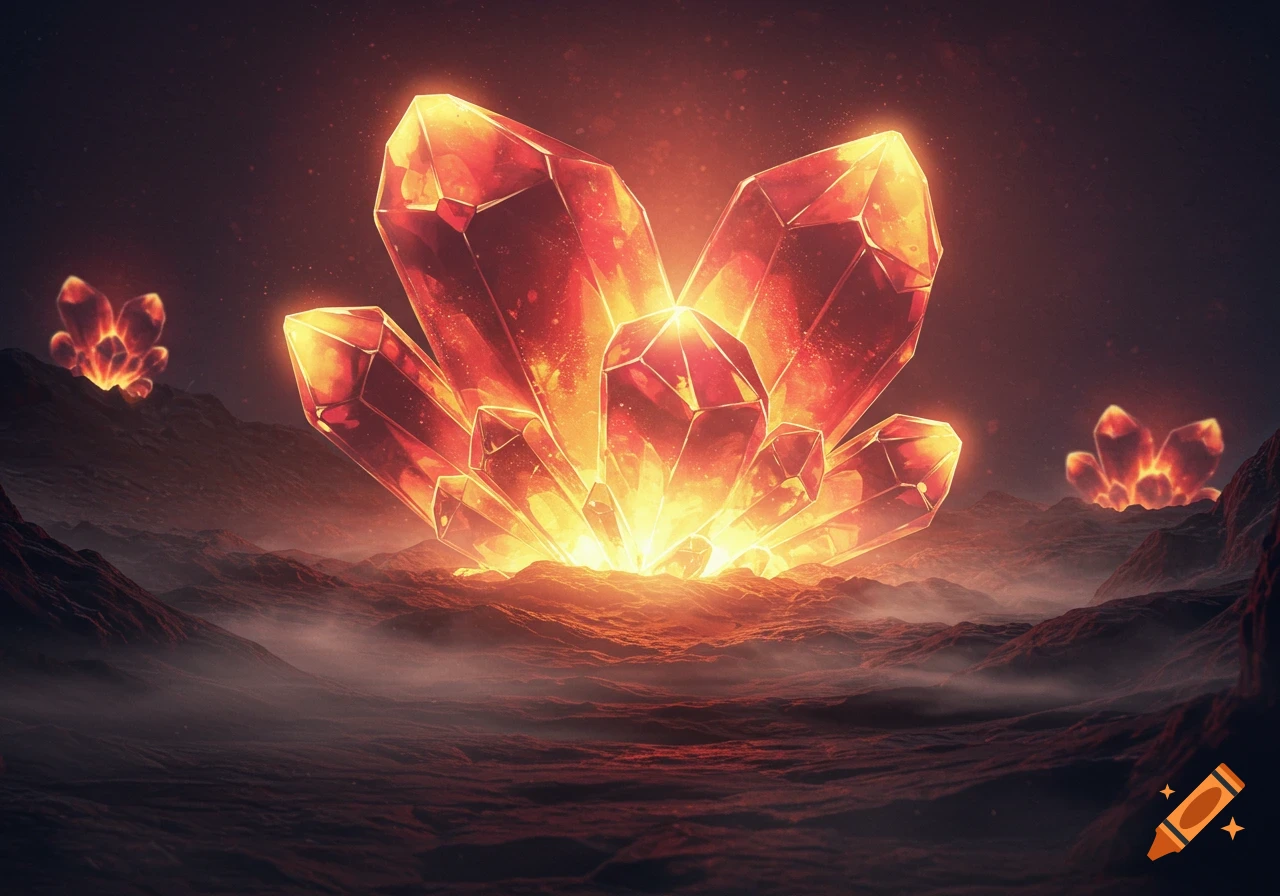 Brightly glowing orange and red crystals emerge from a dark, misty, alien landscape under a dark sky.