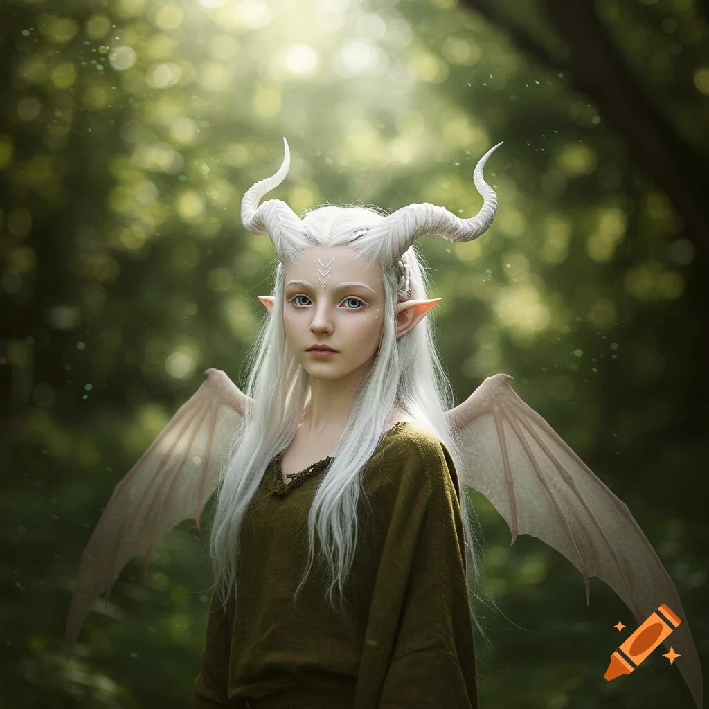 A young elven girl with long white hair, white horns, and white dragon wings stands in a sun-dappled forest.