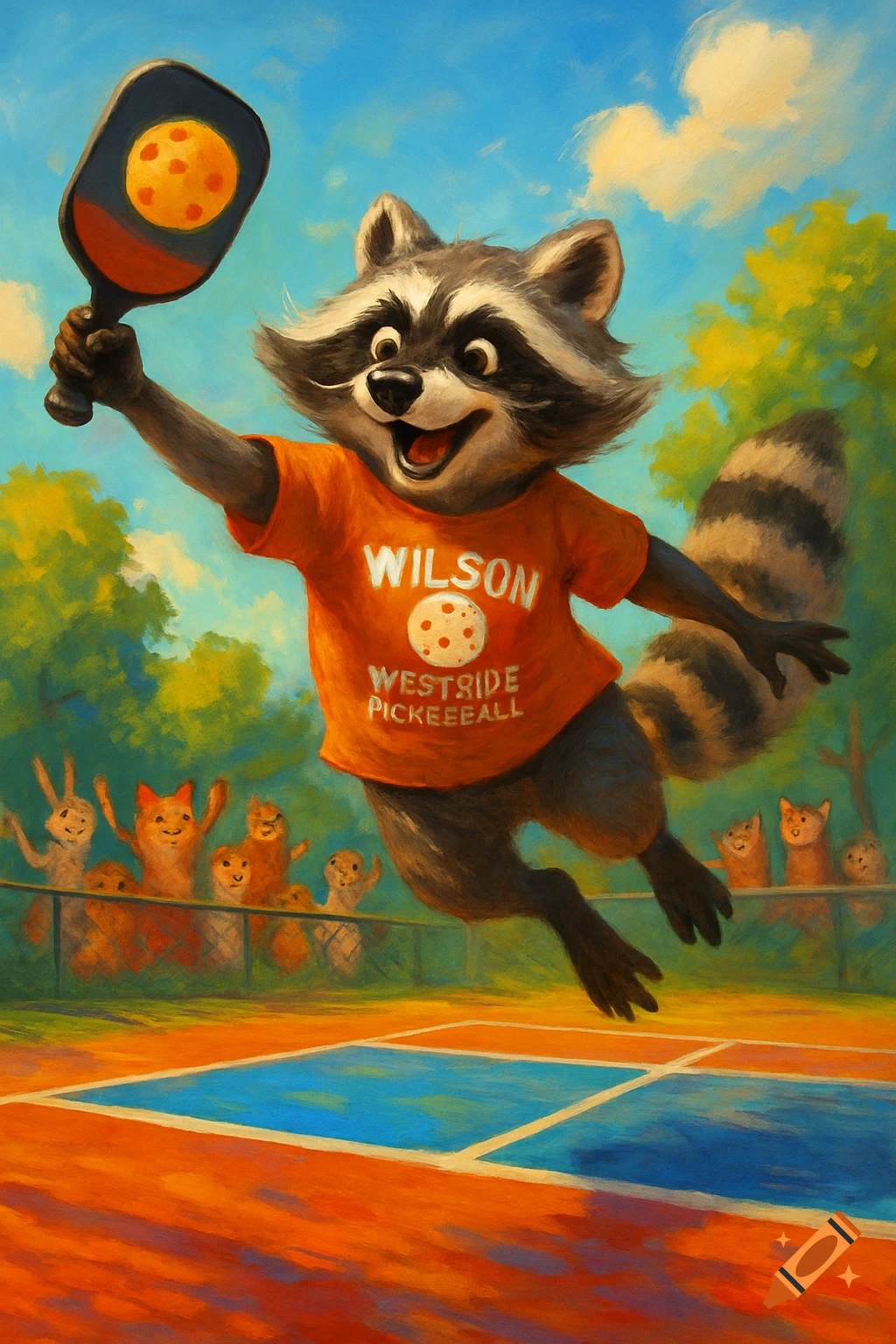 A happy cartoon raccoon jumps to hit a pickleball with a paddle on a colorful outdoor court, with other cartoon animals watching.