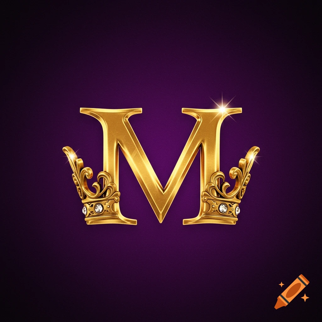 A metallic gold letter M with ornate gold crowns on either side, set against a deep purple background.