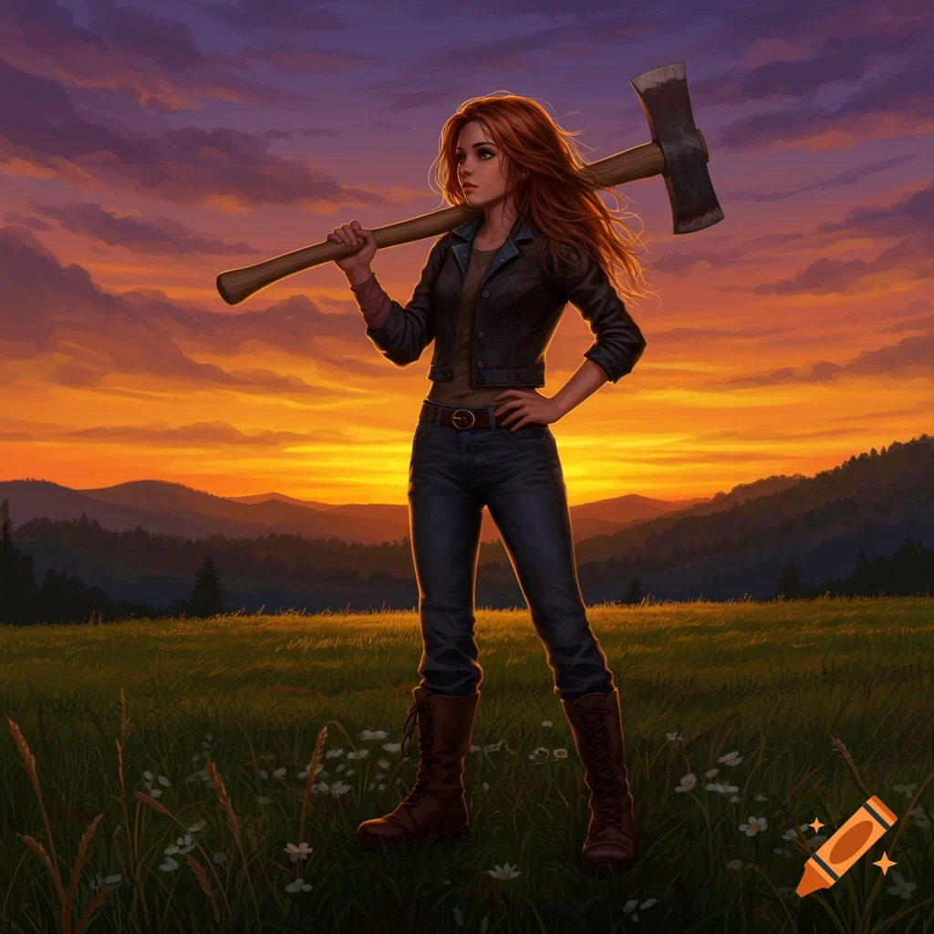 A red-haired girl in a dark jacket and jeans stands in a field at sunset, holding a large ax over her shoulder. Illustrated.