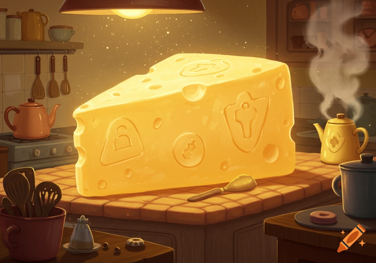 A glowing, oversized wedge of cheese with symbols embossed into it sits on a kitchen counter, illuminated by a warm lamp.