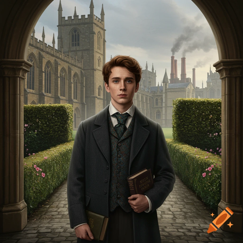 A young man in 1800s Victorian attire holds books while standing in an archway with a large stone building in the background.