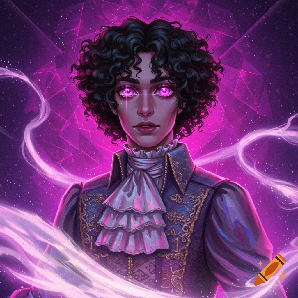 Anime-style portrait of a young man with curly black hair and glowing pink eyes, wearing an ornate blue jacket with a ruffled cravat, against a purple geometric background.