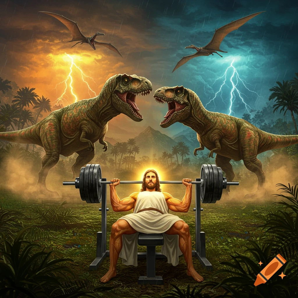 Jesus bench-pressing a barbell outdoors as two T-Rex dinosaurs roar at each other with lightning in the stormy sky.