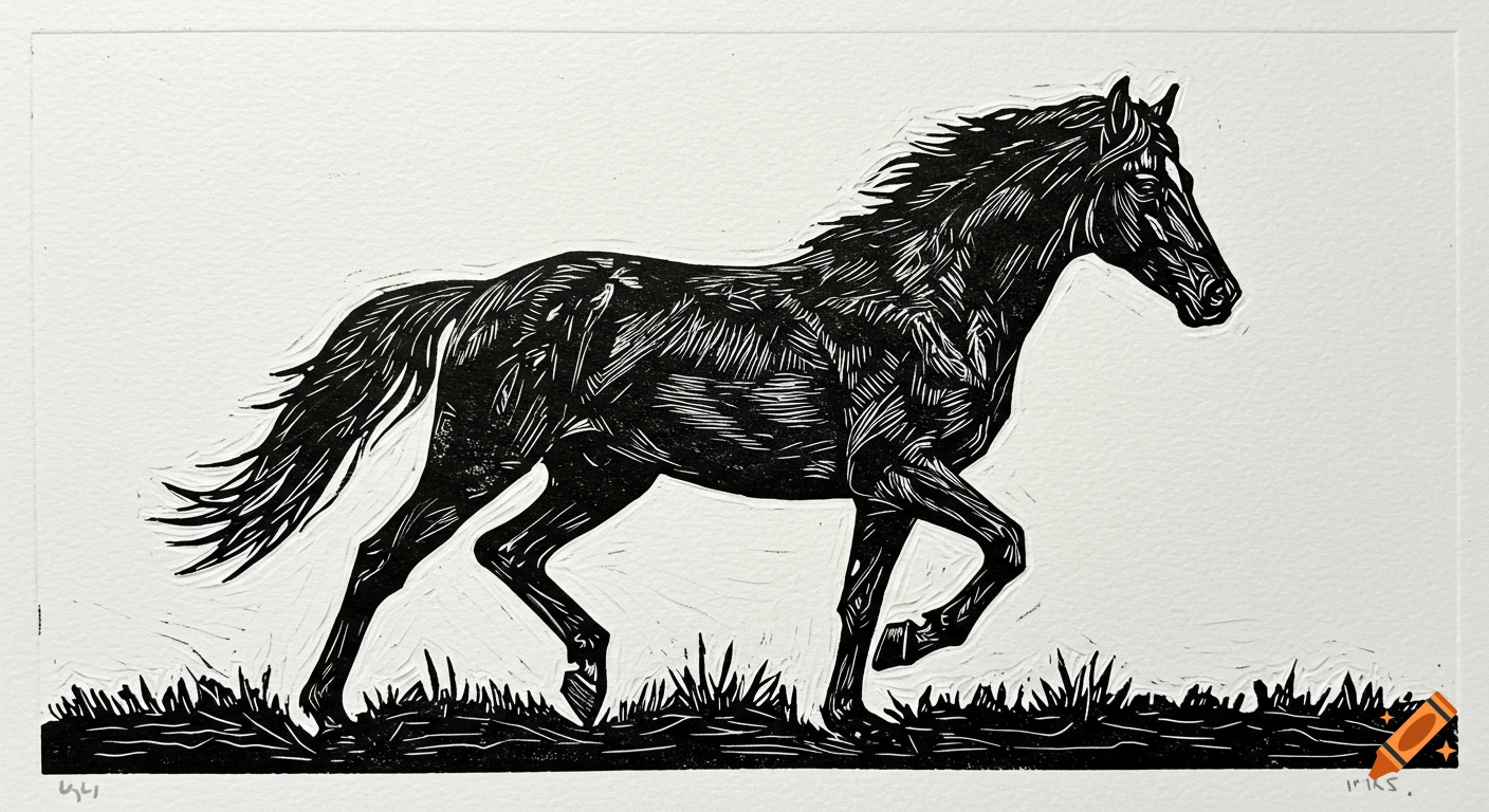 A black and white lino cut print depicts a horse in profile, trotting across a grassy foreground.