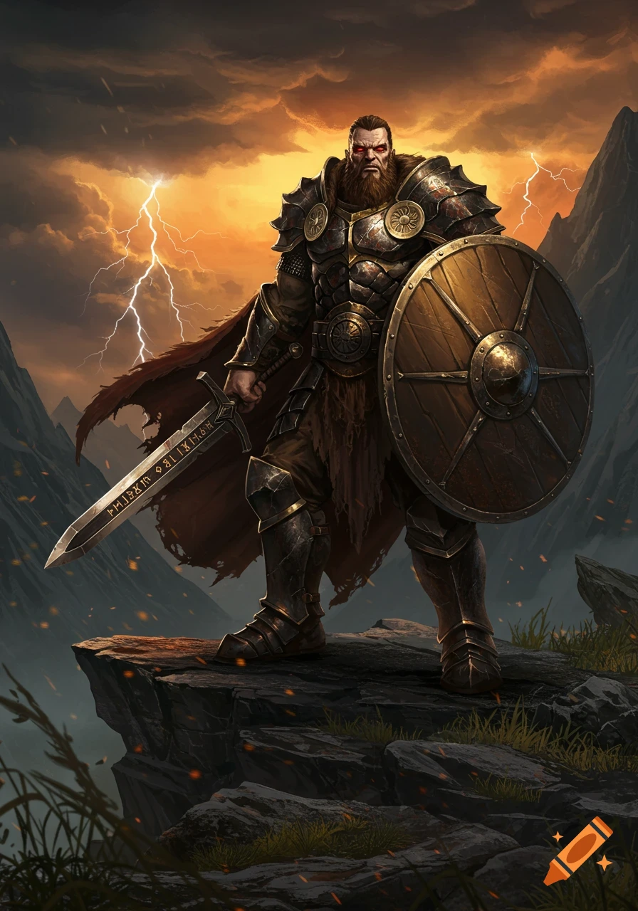 A powerful warrior in dark armor holds a sword and shield on a rocky cliff under a stormy sky with lightning.
