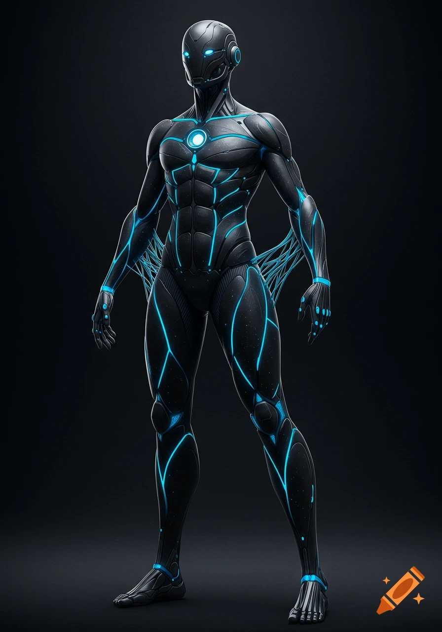 A full-body view of a futuristic humanoid figure in a matte black exosuit with glowing blue circuit lines and eyes.