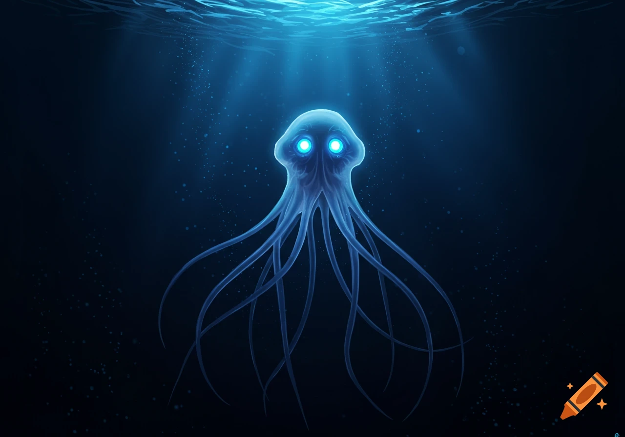A bioluminescent deep-sea creature with glowing blue eyes and long translucent tentacles floats in dark blue water, illuminated by light rays from above.