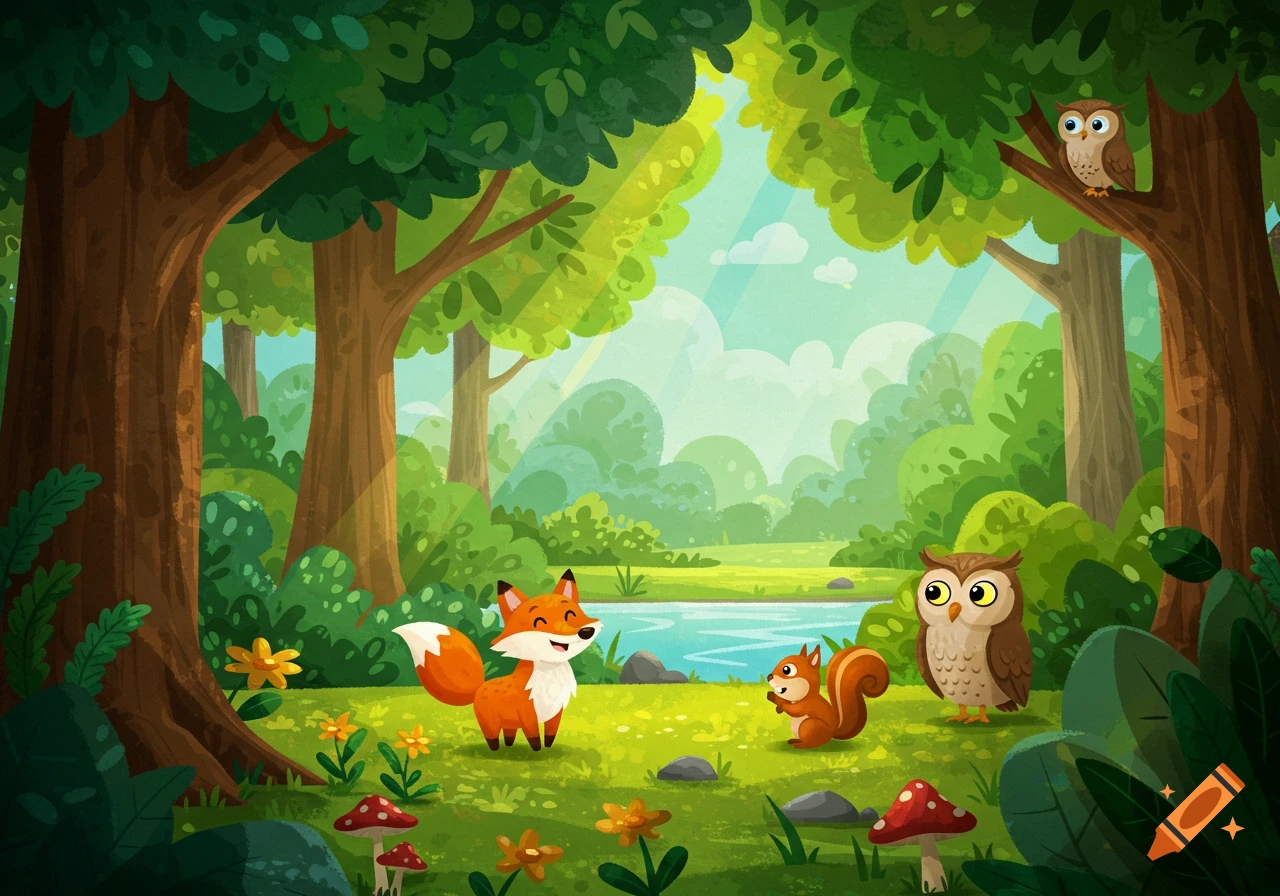 A vibrant cartoon illustration of a forest with a smiling fox, squirrel, and two owls near a river.