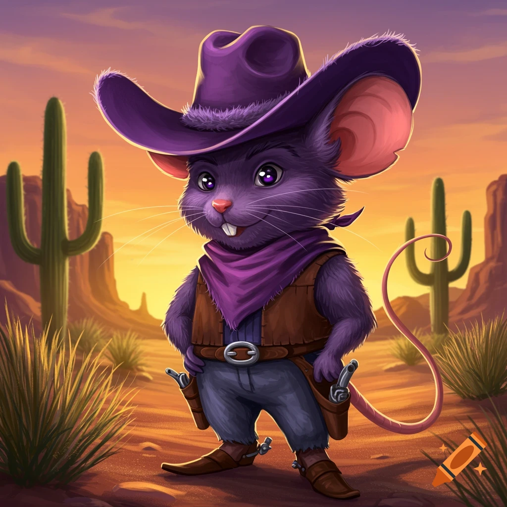 A purple anthropomorphic mouse in a cowboy hat and vest stands in a desert landscape with saguaro cacti.