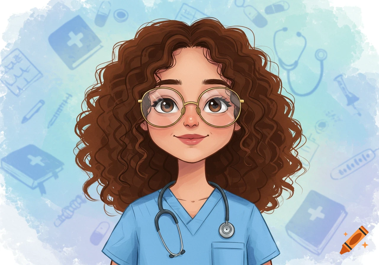 A smiling cartoon girl with curly brown hair and round glasses wears blue scrubs and a stethoscope. Faint medical icons like books, pills, and syringes are in the background.