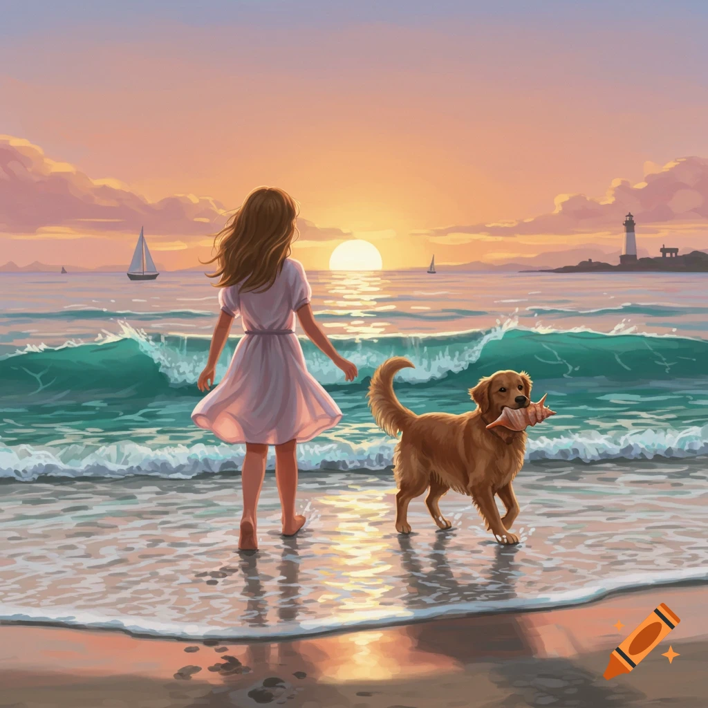An illustration of a girl and her golden retriever walking in the ocean surf at sunset. The dog carries a seashell.